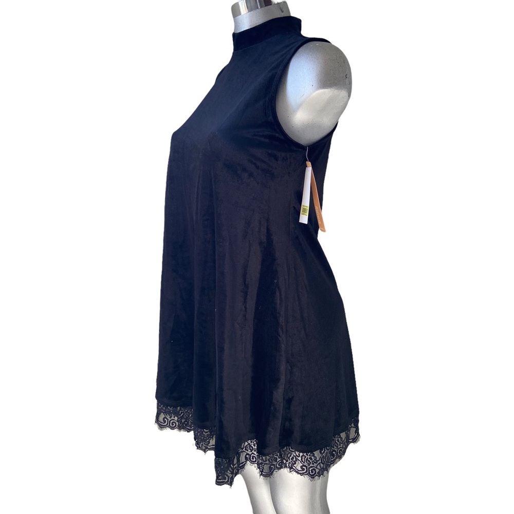 Takara Black Velvet Tunic Sleeveless Dress Romantic Lace Hem Cocktail Size Small